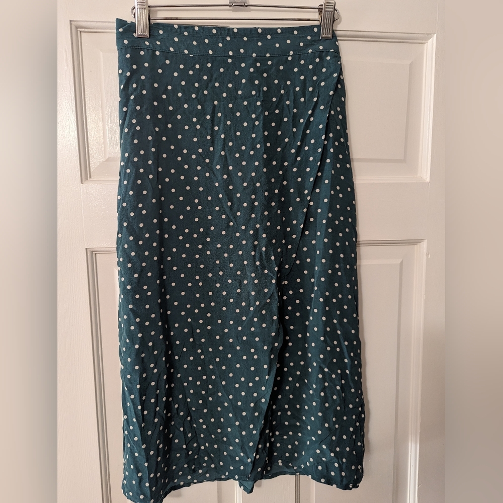 Amour Vert Silk Green polka dots midi skirt size L